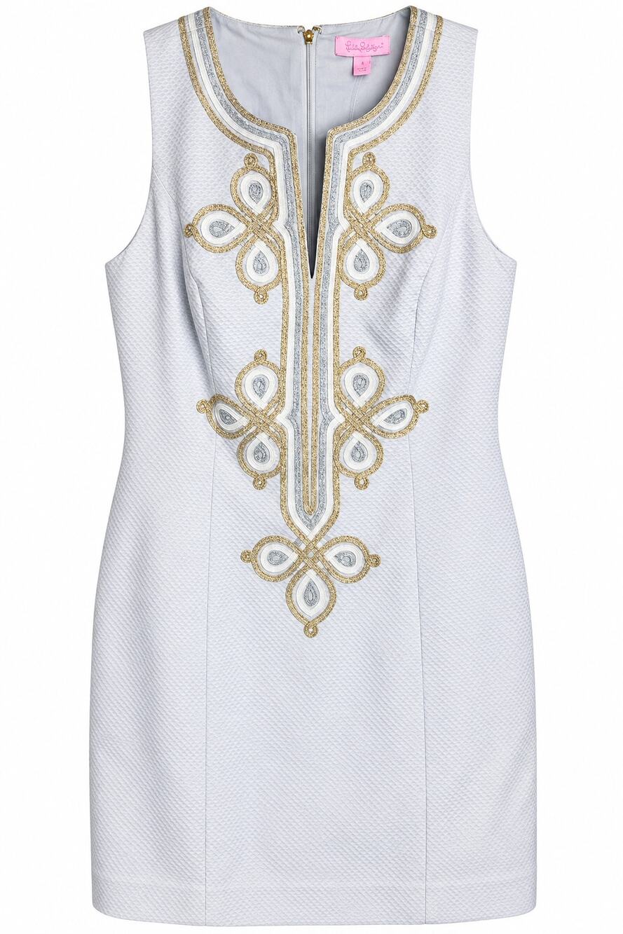 Lilly Pulitzer Gray Gold Embroidered Shift Dress NWT Size 4 Resort Preppy